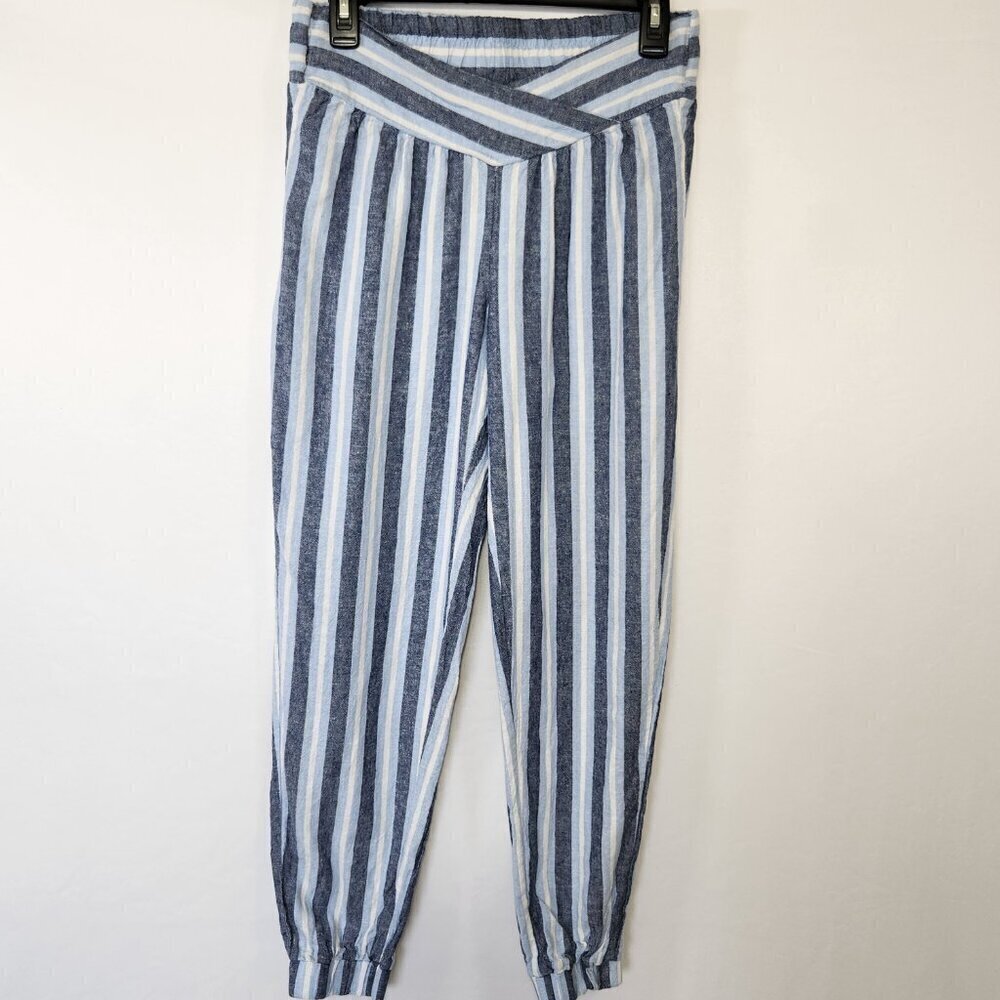 Indigo Rein Women’s SZ M Blue Stripe Linen Blend Pull On V-Waist Joggers Beach - Picture 10 of 16